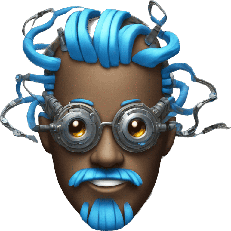 Brown cyborg head with blue Mohawk, blue beard, silver steampunk monocle goggles a smile and circuits emoji