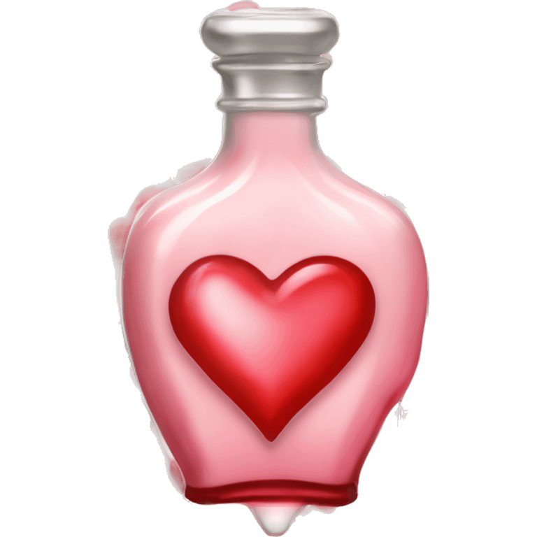 Antique heart-shaped parfumerie bottle with butter, made of red crystals, white cream and pink strawberry milk pour from the bottle emoji