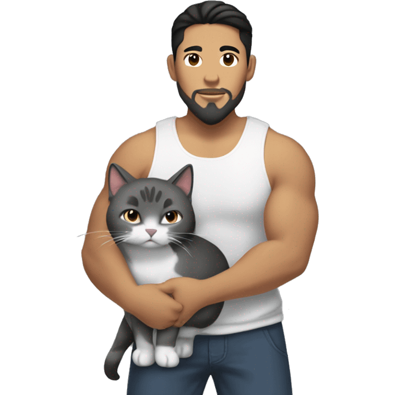 tall big Asian Pilipino man with big muscular calves, beard and man bun holding a cat that is grey and black emoji