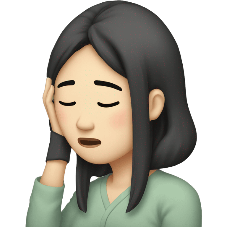 Headache, middle-aged Korean woman in her 40s, with only one hand on her head, painful face, black hair emoji