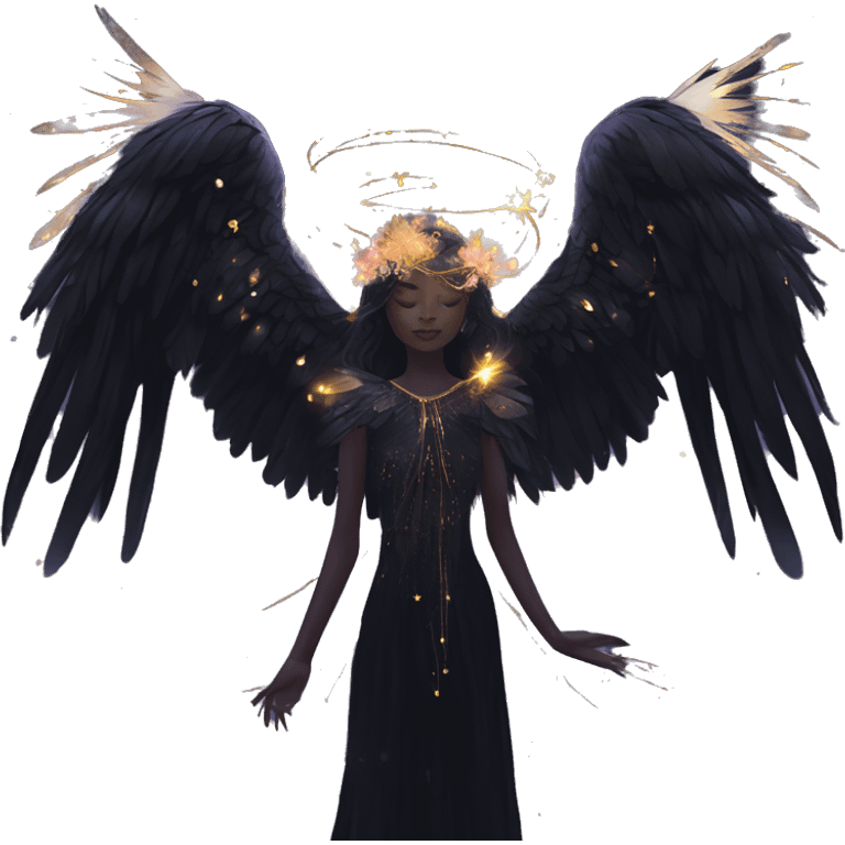 Black Raven wings bohemian girl Ethereal galaxy constellation girl angel raven wings black wings, gold arrow, nebula, flower crown, fairy lights, iridescent emoji