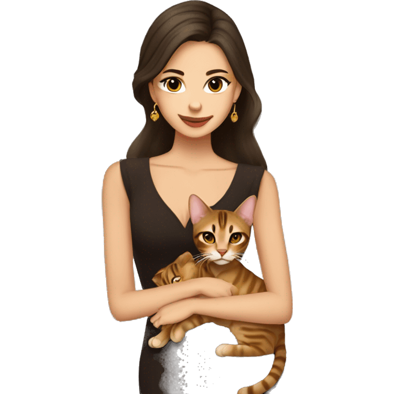 Beautiful skinny woman long dark brown hair in dark dress with gold earrings hug bengal cat emoji