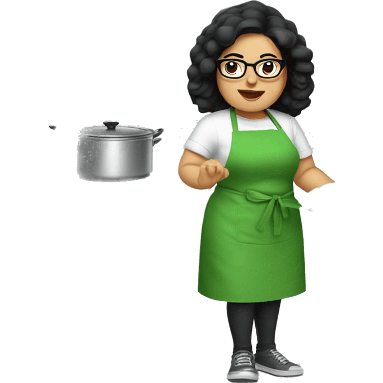 chubby lady with black hair green apron  with glasses cooking tacos emoji