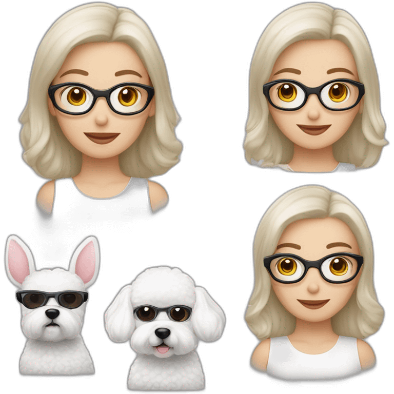 mujer piel blanca con diadema de orejas de conejo en la cabeza gafas y perro bichon maltés blanco emoji