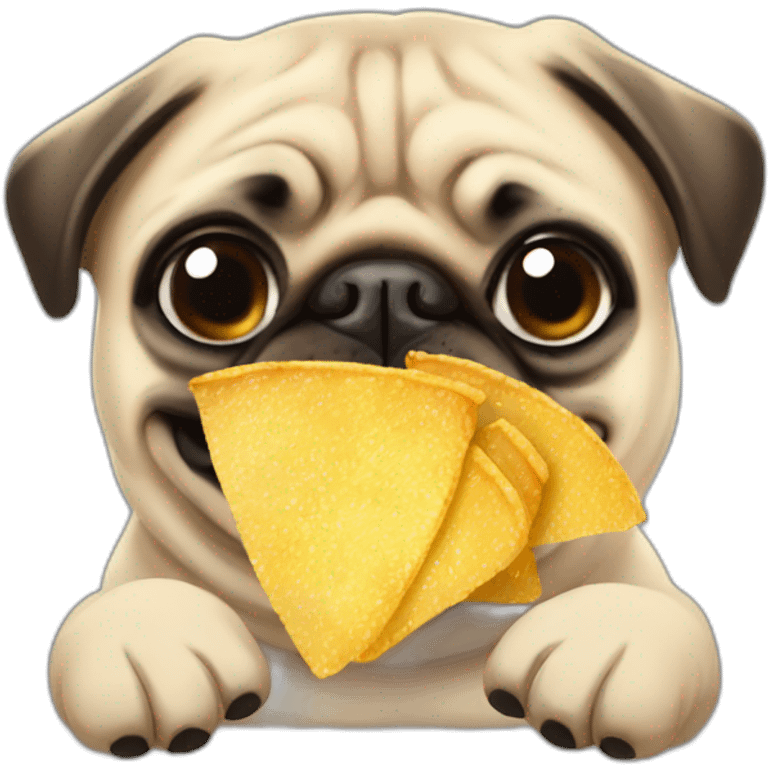 4k, Sticker design of funny pug with chips in him hand, cute, meme, illustrative, simple, realistic emoji