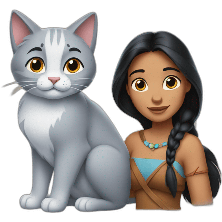 Pocahontas disney with a soft grey cat emoji