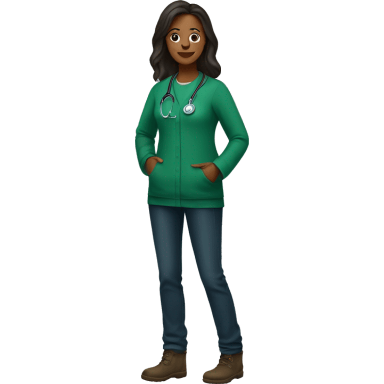 Doctor woman wearing green sweatshirt, dark jeans and UGGs emoji