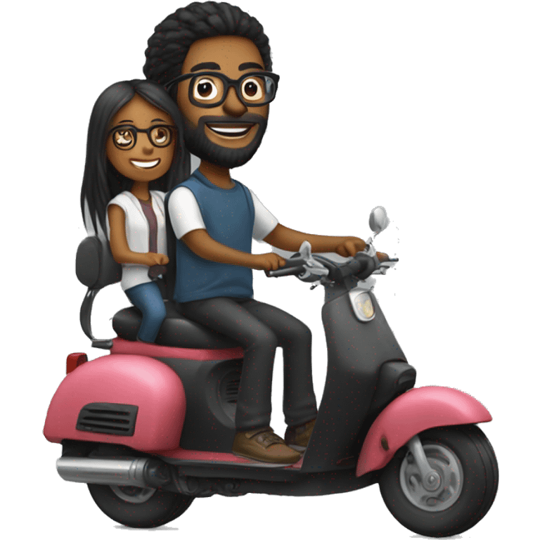 Boy with long hair, beard, and glasses, riding a black scooter with a girl wearing glasses on the back emoji