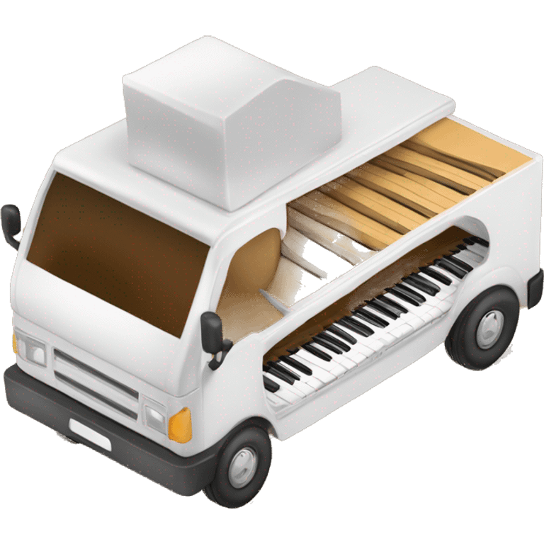 piano in a box truck, side angle , truck whit piano letters emoji