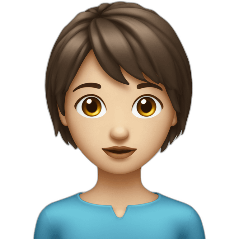 Fille aux yeux bleu brune avec une frange cheuveux long emoji