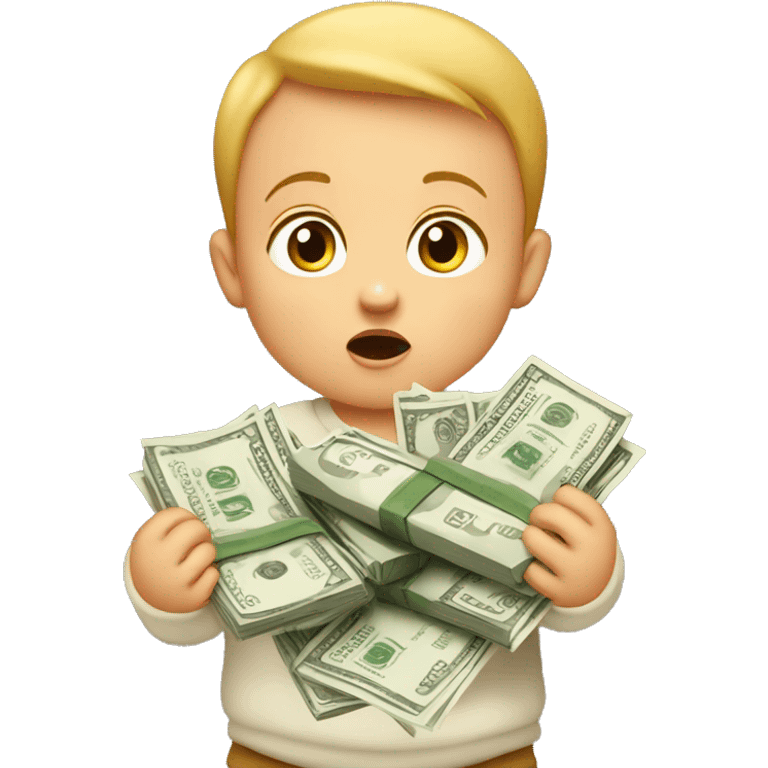 A surprised baby holding loads of money emoji