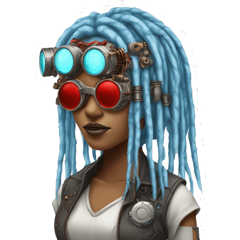 Light blue long dreadlocks female cyborg head with red steampunk goggles and circuits emoji