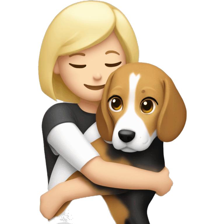 Beagle dog hugging a blonde girl with a bob emoji