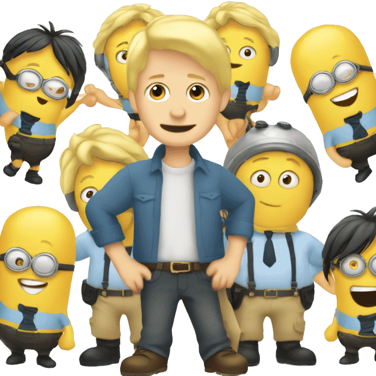 “Blonde white boy standing between two Minions, all smiling in emoji style.” emoji