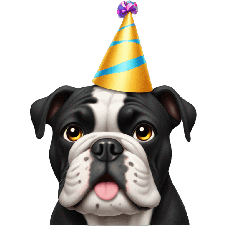 Solid Black bulldog with a party hat emoji