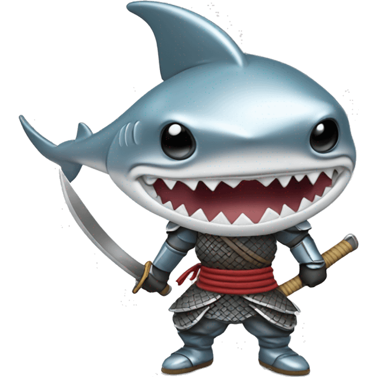 A fully chromed figurine of a shark in a samurai outfit. emoji