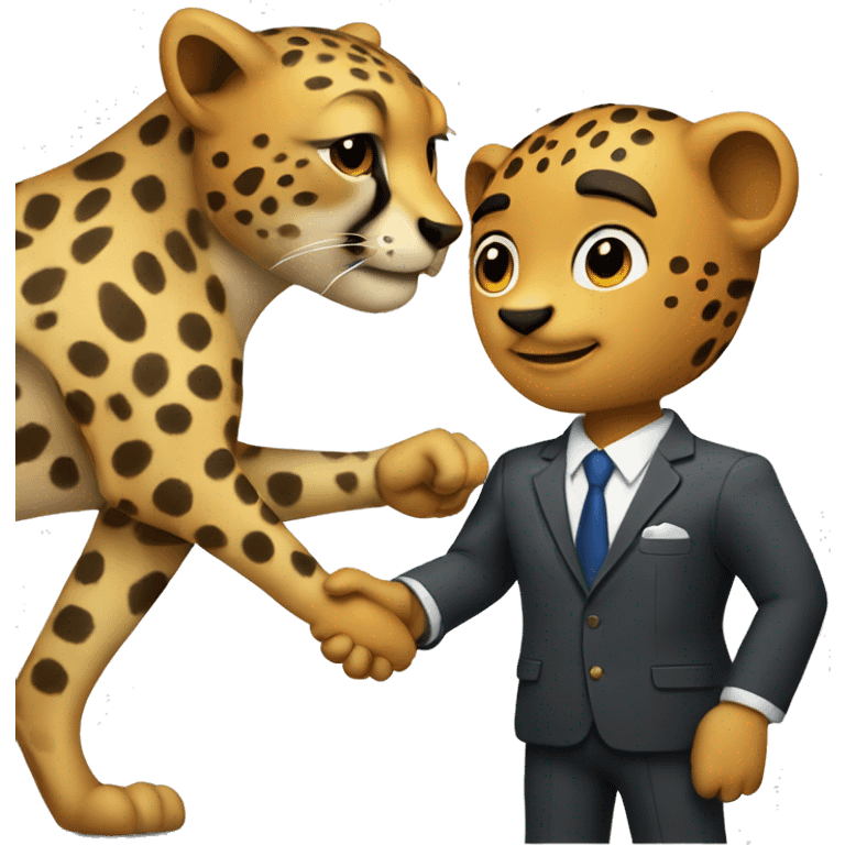 A cheetah in a classic suit shakes hands with a man  emoji