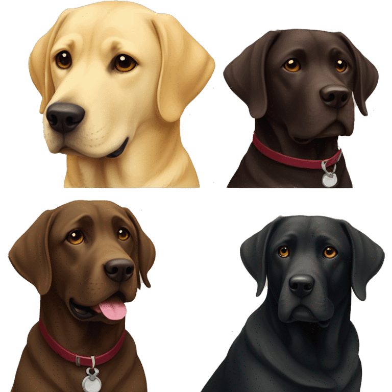 Two Labradors together, the black Labradors has a burgundy collar and the yellow Labrador has a beige collar  emoji