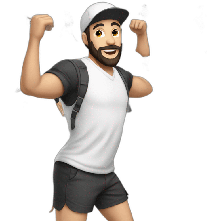 a white man with black beard and cap dancing in short shorts emoji