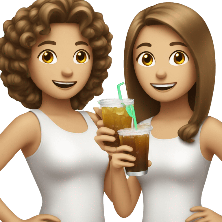 Two white girls with brown hair cheering drink emoji