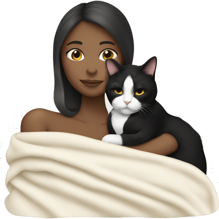 White girlfriends snuggling with a tuxedo cat with a blanket emoji