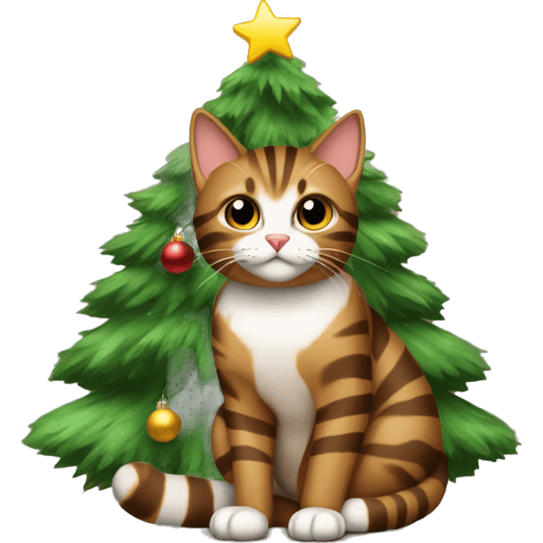 Brown striped cat sitting Christmas tree  emoji