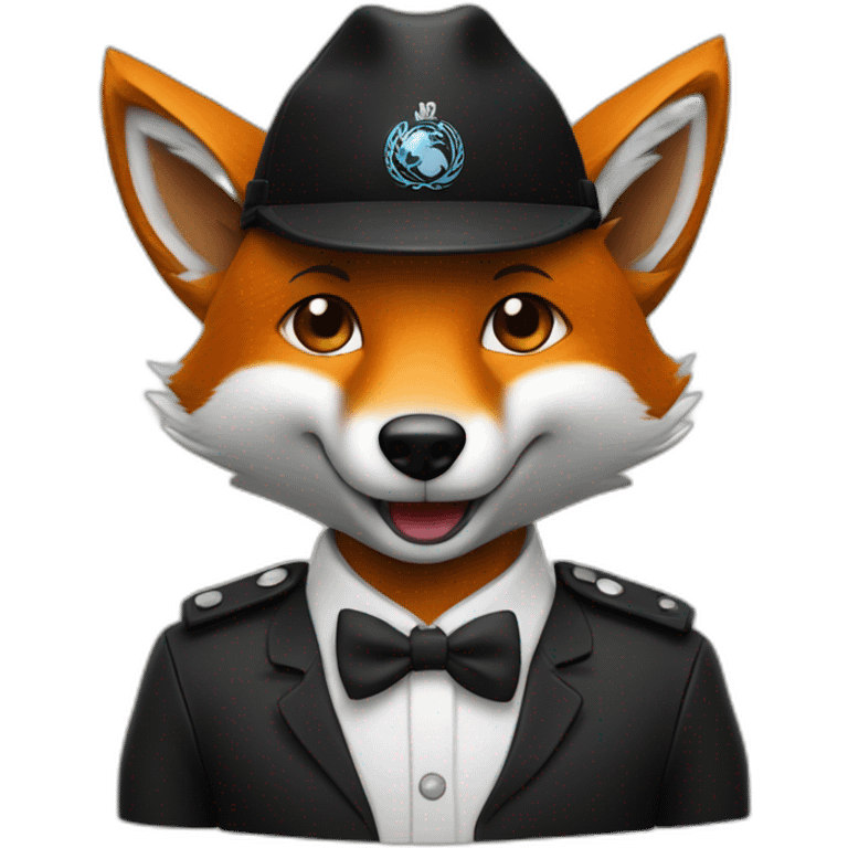 Un renard en costume noir avec une casquette plate fait un salut emoji