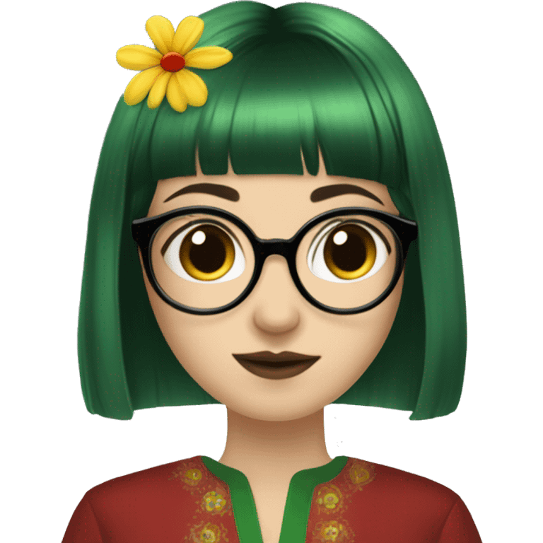 White skinny girl in a green kurta with flower design, glasses, alot of piercing, gay, red lips, nose ring, full body, short straight black edgar hair, black straight hair, front bangs emoji