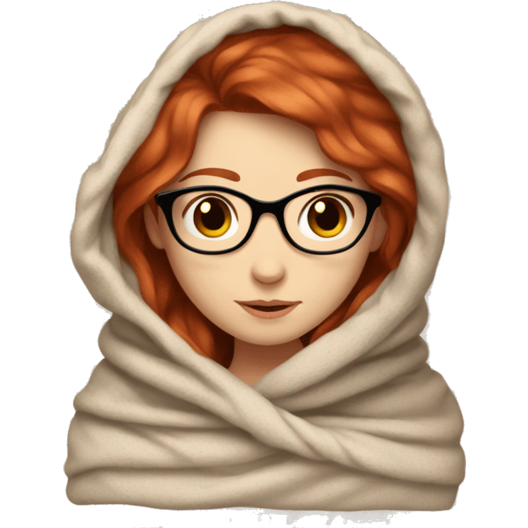 Girl with red hair and pale skin, brown eyes wearing glasses in a cozy blanket  emoji