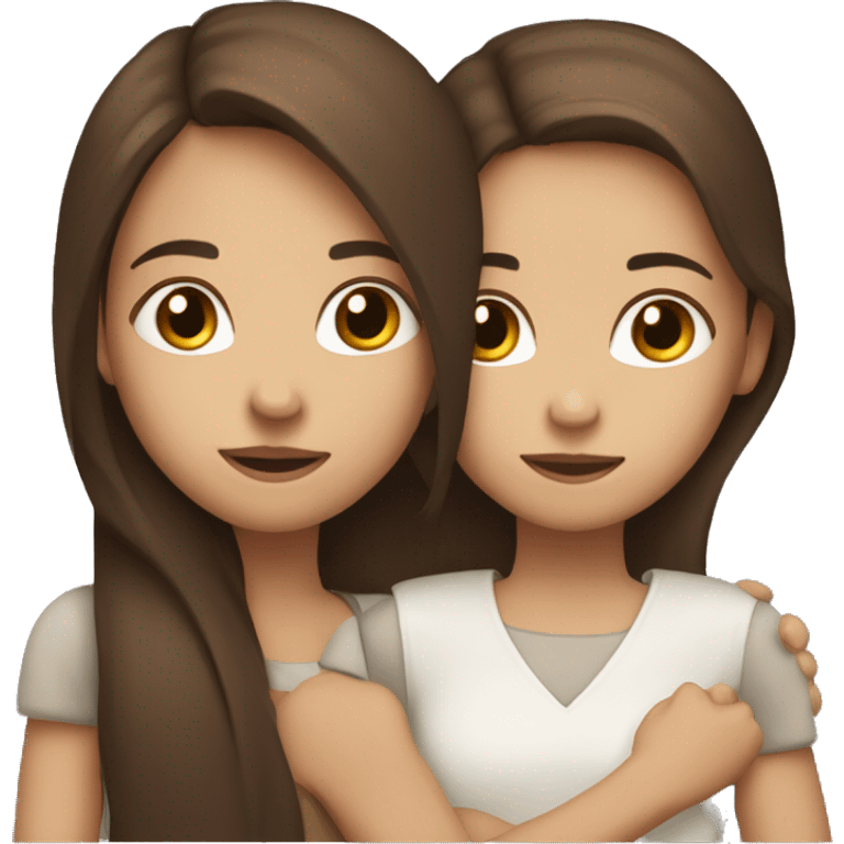 Two girls hugging one white skin  with long straight brown hair and the other with brown skin long dark brown hair  emoji