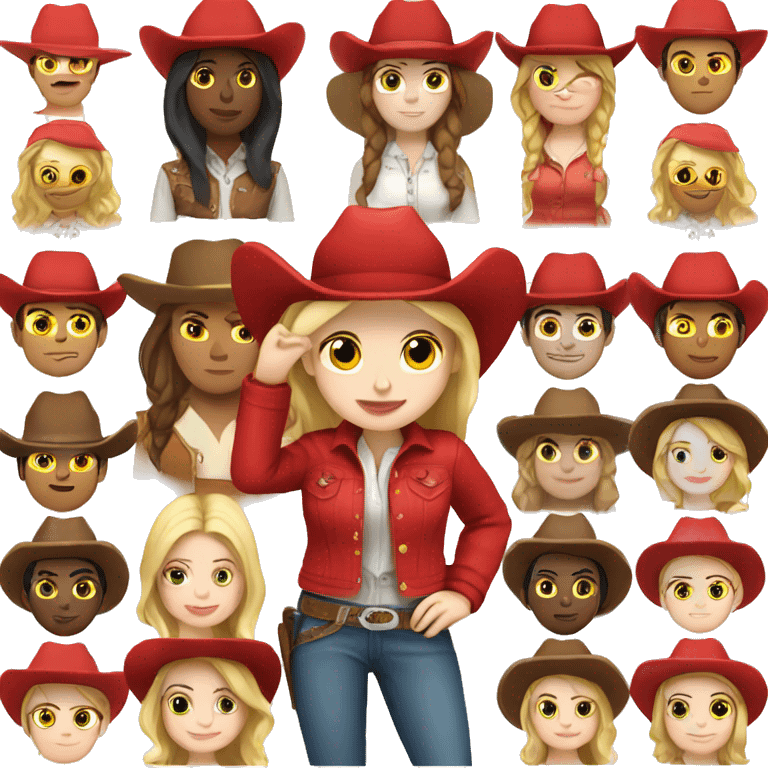 Cowgirl, pale skin, red jacket, red hat emoji