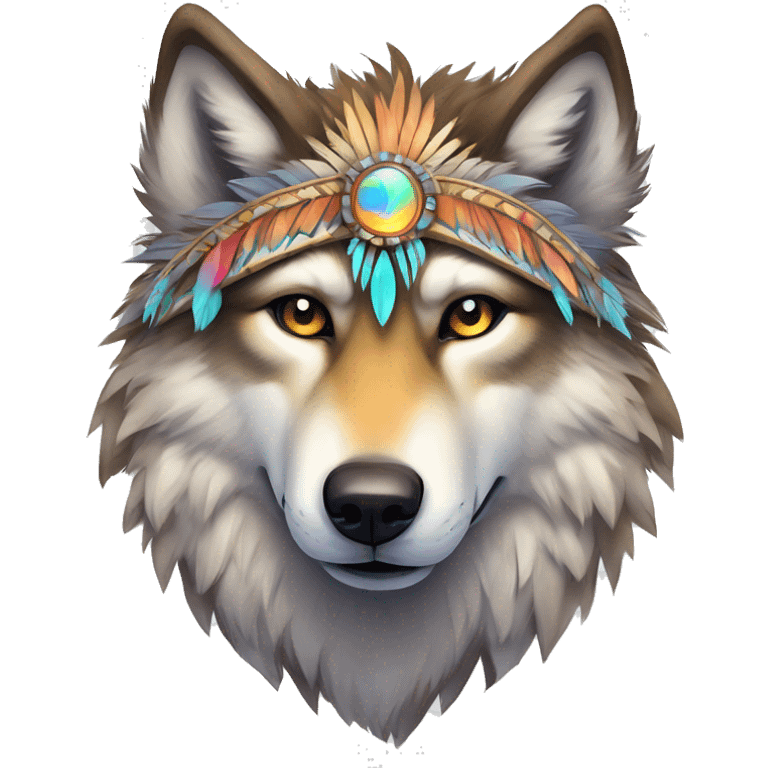 Fluffy Shy Colorful Spiritual Shamanic Wolf With Shiny Tribal Markings wearing feathers Full Body emoji