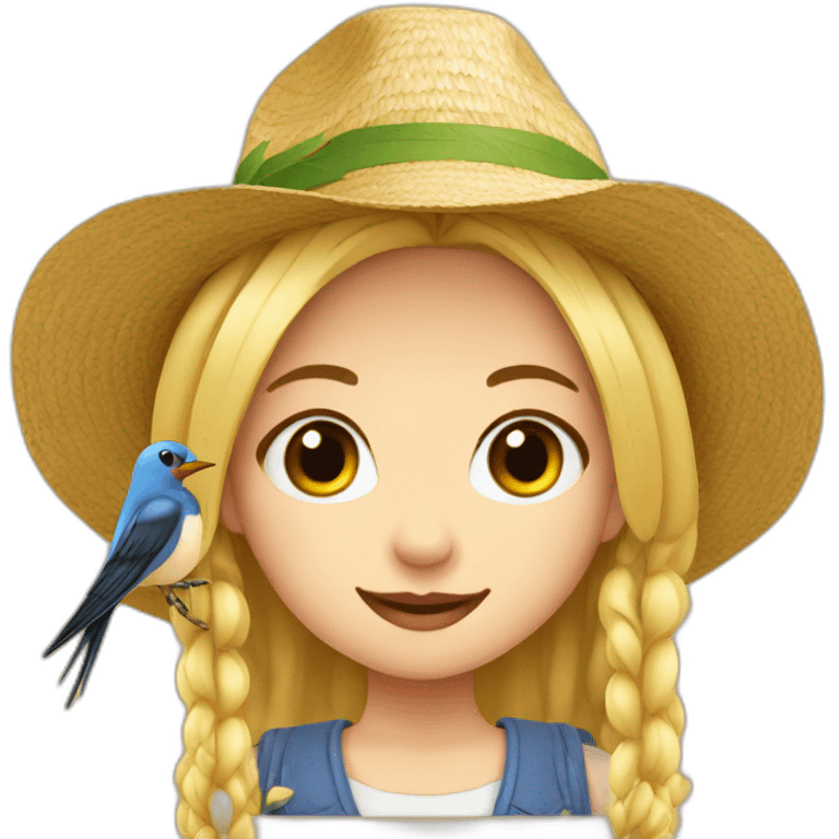 a blonde girl with a swallow with pigtails in straw a hat emoji