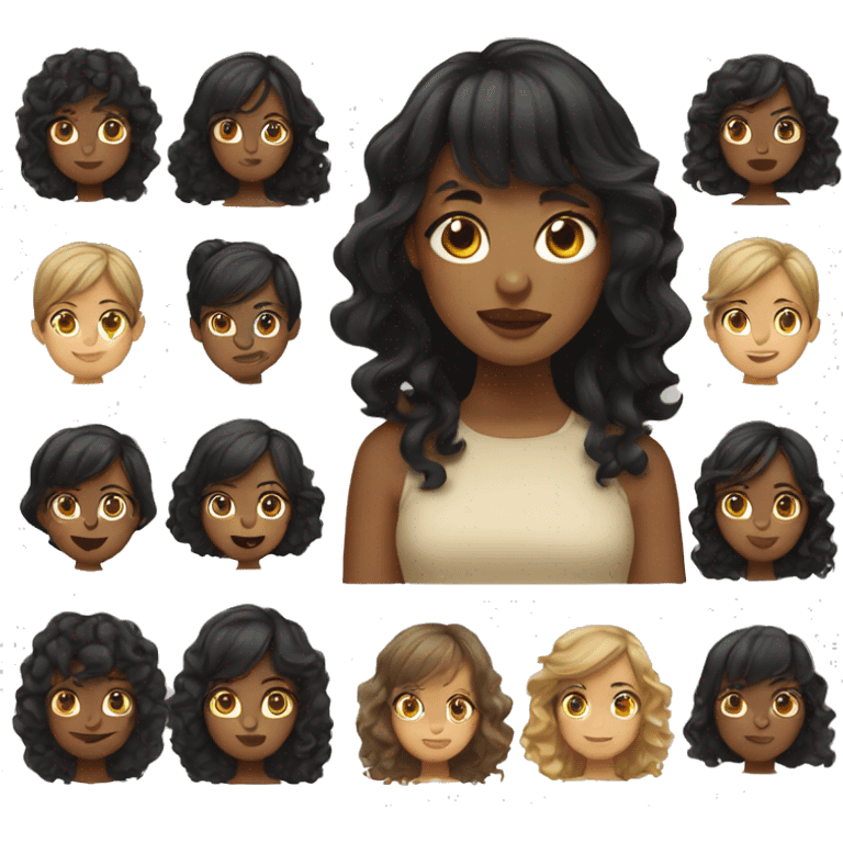 apple emoji of a girl with wavy black hair, bangs, tan skin, and brown eyes emoji