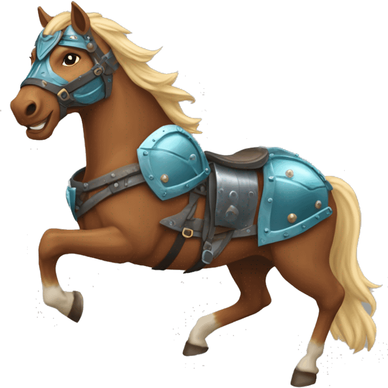 Chestnut brindle brindled horse blonde mane running galloping wearing blue and cyan armour  emoji