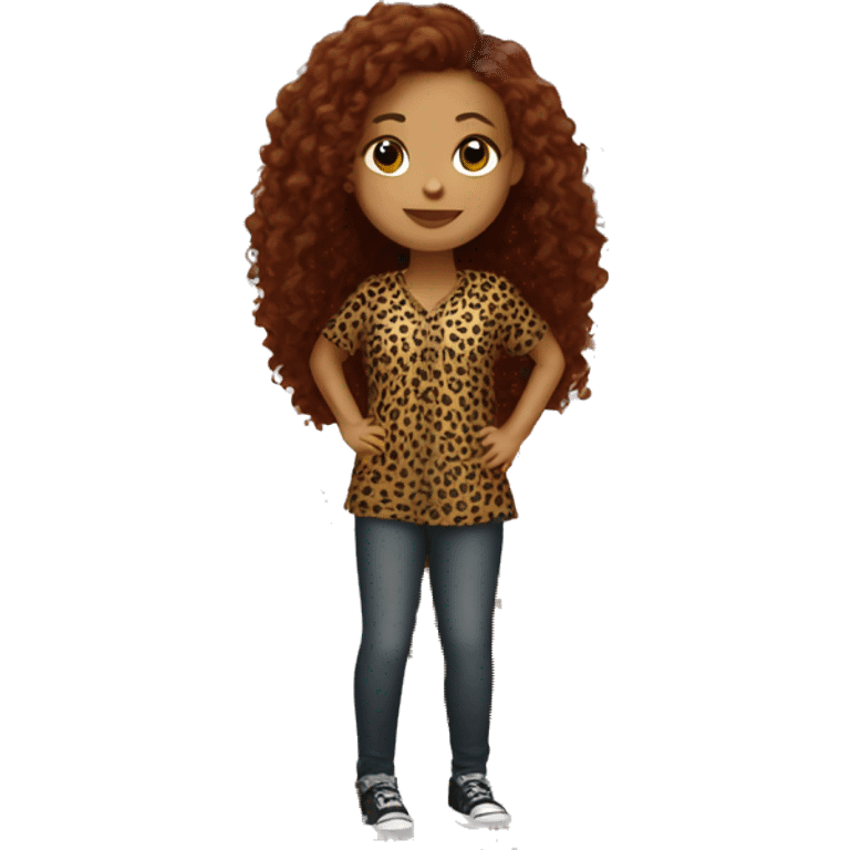 Girl with long burgundy, curly hair, wearing a cheetah print shirt emoji