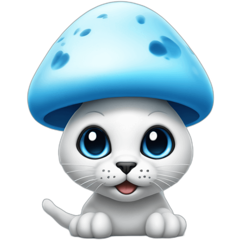 Blue smurf cat with large black eyes wearing a large white mushroom on his head casting a show on his face with a neutral face emoji