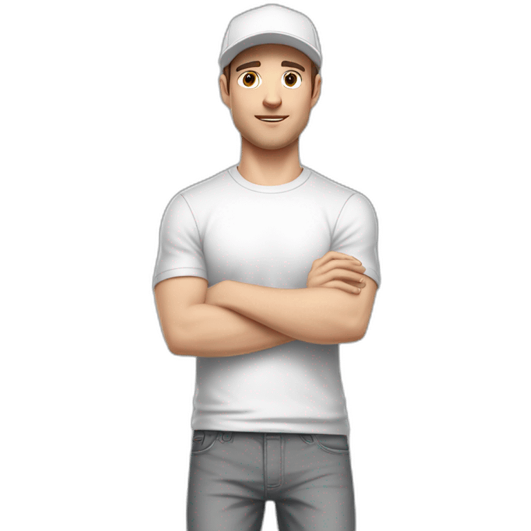 Pale skinned fit Man with dark brown hair in a white cap, gray jeans and gray polo T-shirt keeping a pasted with tape box into his hands emoji