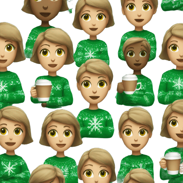 Light brown short haired girl with green eyes drinking coffee wearing blue Christmas sweater emoji