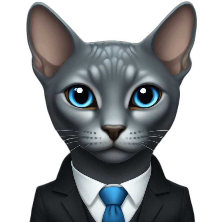 reptilian sphinx dark grey cat with blue eyes wearing black suit, portrait emoji