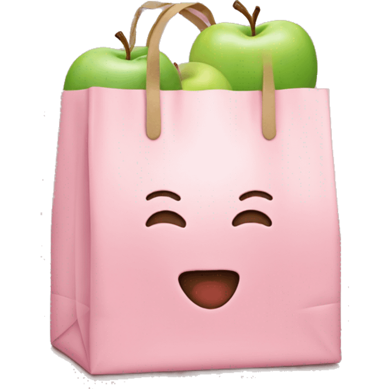 An emoji of a grocery bag in pastel pink with the Apple logo emoji