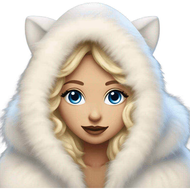 Tanned Girl with lashes and blue eyes, blonde hair, in an extremely big fluffy oversized white fur coat with hood on. The fur is real and it’s very obvious big and fluffy, aestheticism emoji