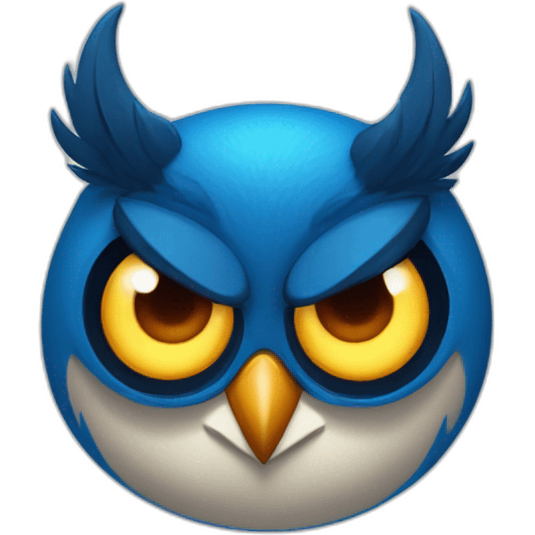 blue owl with with devil horns, a wide grin, and eyes and eyebrows scrunched downward, looks angry emoji