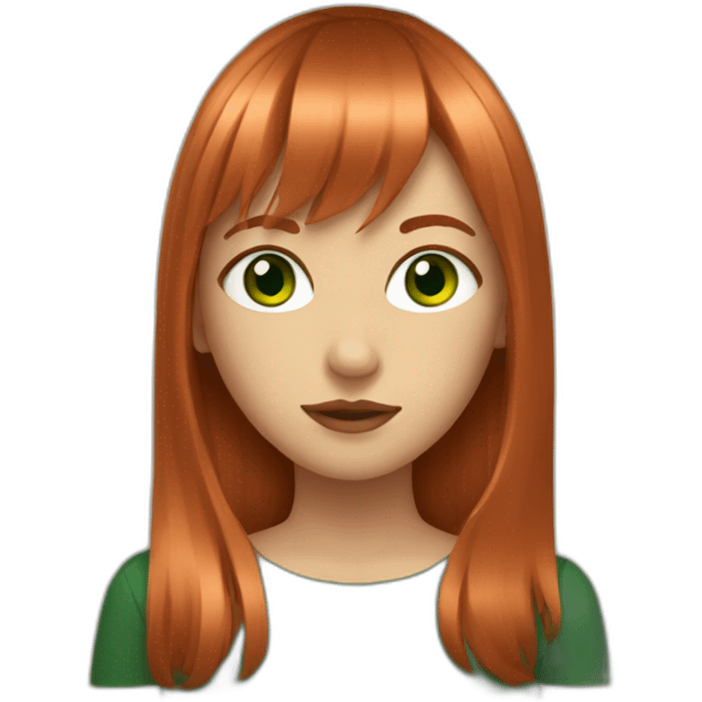 a girl with copper hair and green eyes with bang emoji