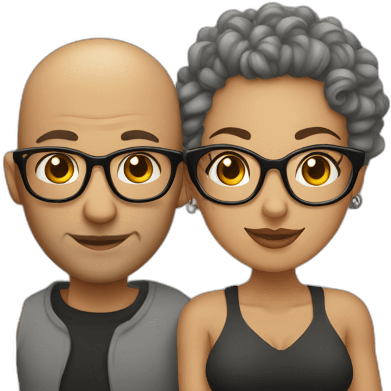 Bald man with tattoos and curly-haired lady wearing glasses emoji