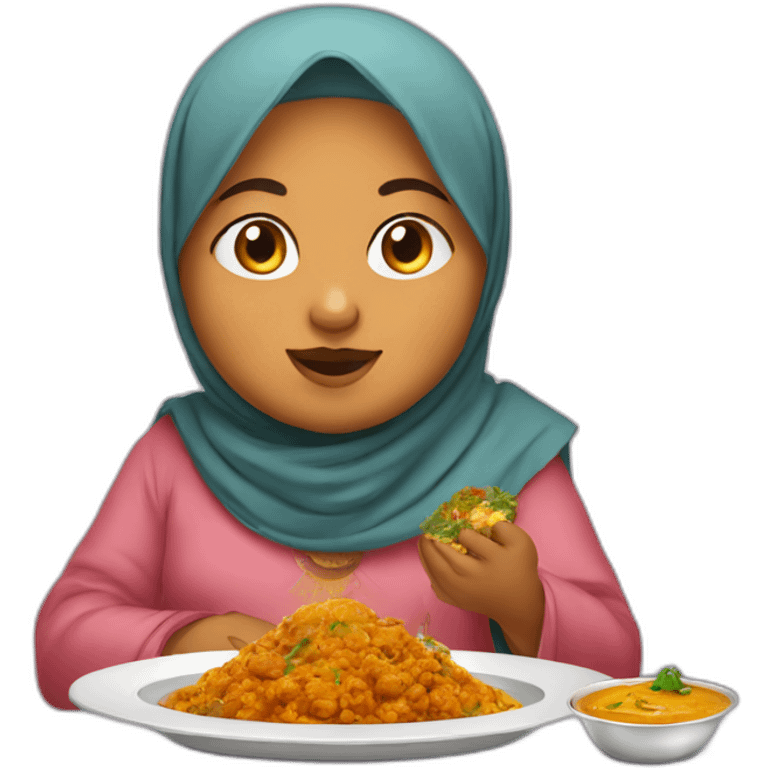 Fat Indian child wearing hijab and eating curry emoji