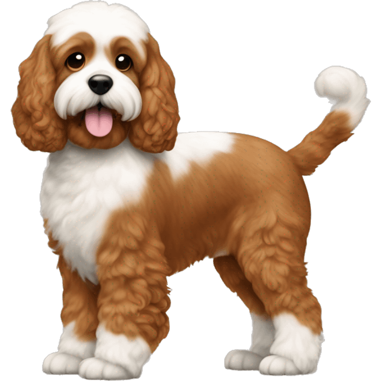 brownish orange cockapoo in colour, with white fur ONLY in her stomach and chin, and feet emoji