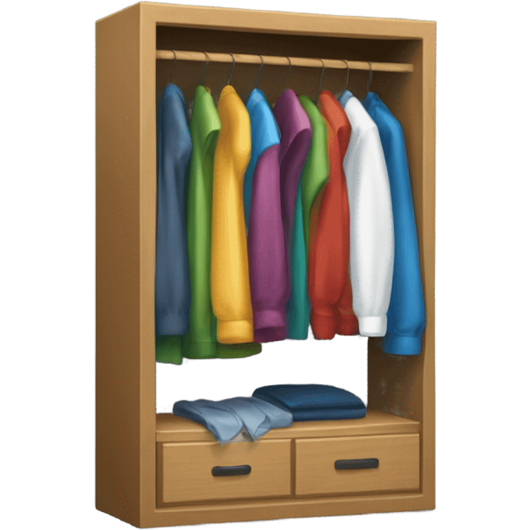 Design an emoji-style icon of an open wardrobe with clothes hanging inside. Include details like a wooden frame, hangers, and colorful clothing items such as shirts or any other clothing . Use a clean and minimalistic design. emoji