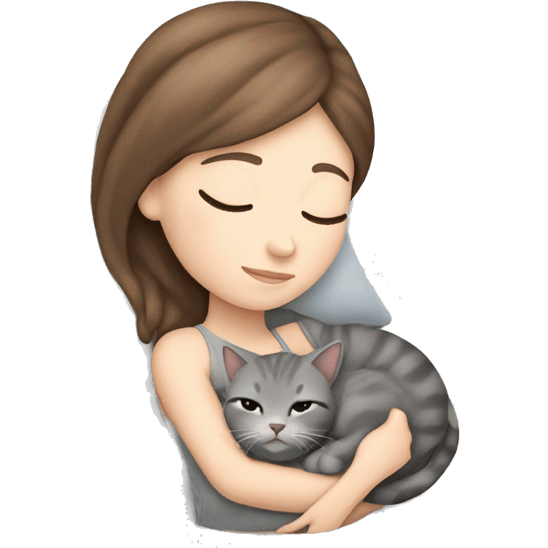 White girl brown hair sleeping with light grey kitty emoji