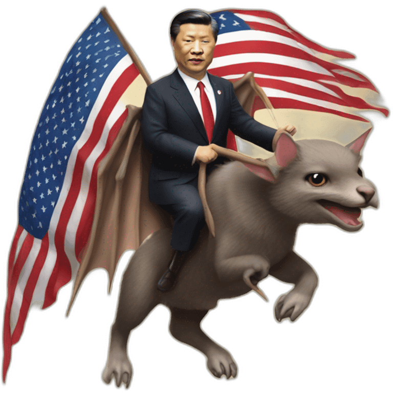 President Xi riding a animal bat with wings, with a America flag in his hand. emoji